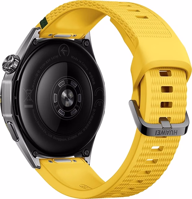 HUAWEI WATCH GT 7 tagakülg pulsianduriga ja kollase rihma pannal