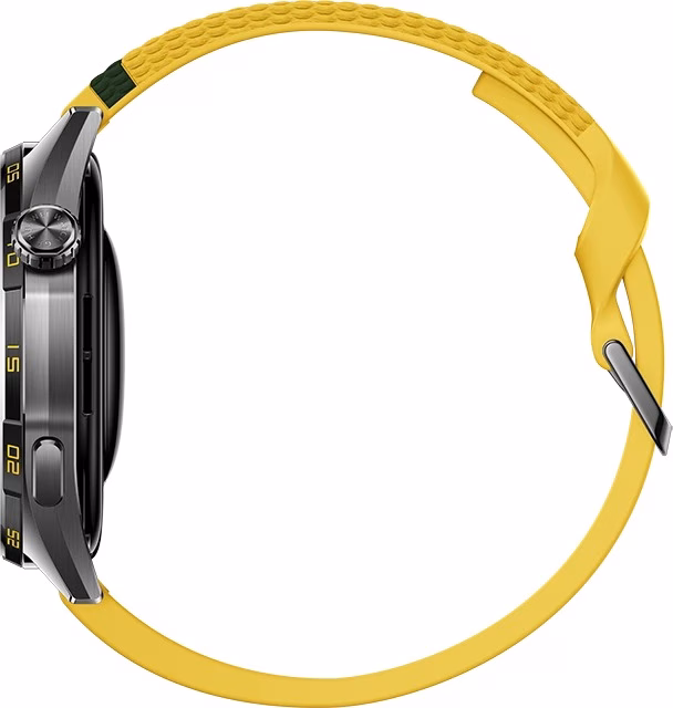 HUAWEI WATCH GT 7 külgvaates, pöörlev kroon, külgnupp ja kollane rihm