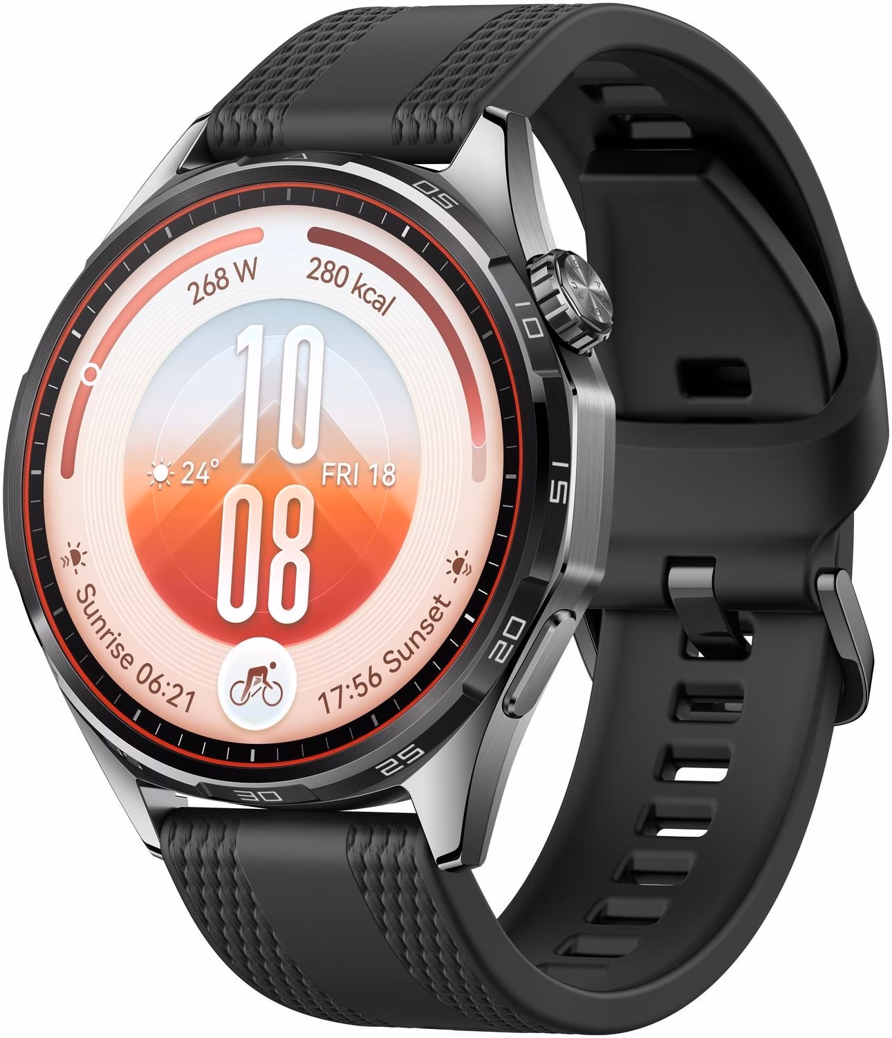 Nutikell HUAWEI WATCH GT 7 46 mm musta rihmaga, ekraanil kellaaeg ja treeningnäidud