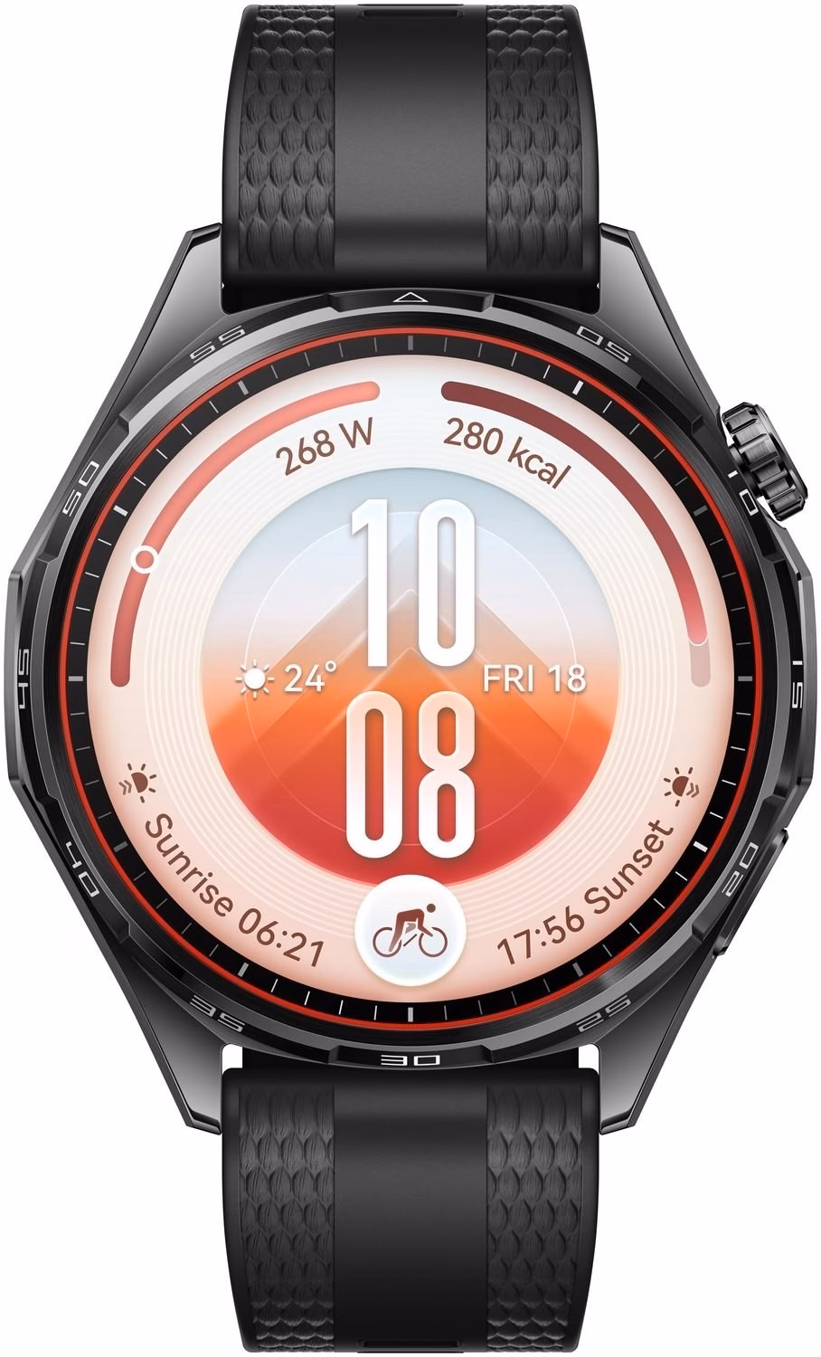 HUAWEI WATCH GT 7 46 mm otse eest, ümmargune AMOLED-ekraan ja must rihm
