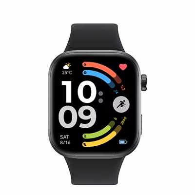 Must nutikell Xiaomi REDMI Watch 6 eestvaates, ekraanil kellaaeg ja aktiivsusrõngad