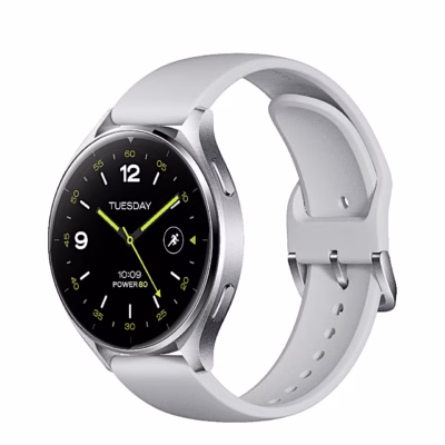 Nutikell Xiaomi Watch 2 hõbedase korpuse ja helehalli rihmaga, vaade nurga alt