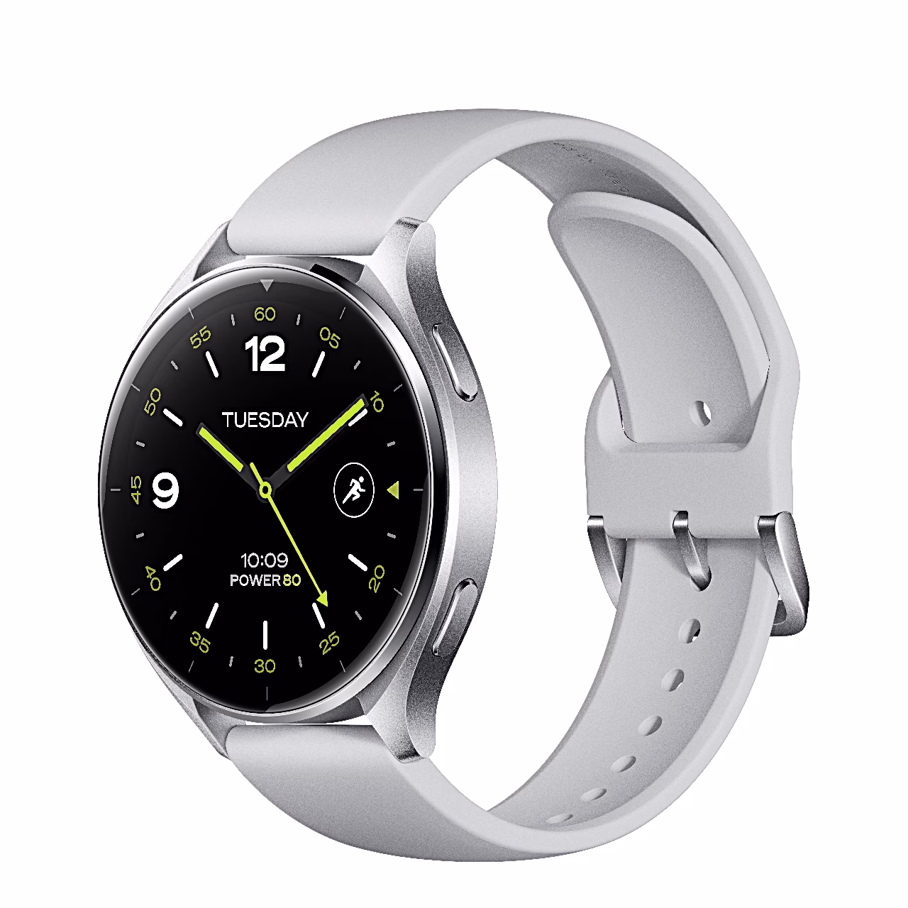 Nutikell Xiaomi Watch 2 hõbedase korpuse ja helehalli rihmaga, vaade nurga alt