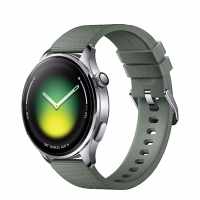 Roheline nutikell Xiaomi Watch 5 nurga alt, hõbedane korpus ja kroon