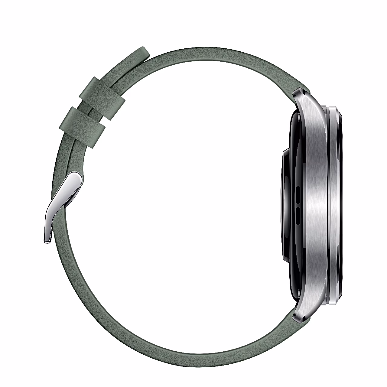 Xiaomi Watch 5 külgvaates vasakult, ümber pööratud roheline rihm