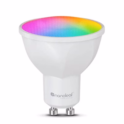 Nanoleaf Essentials GU10 nutipirn valge korpuse ja värvilise valgusega esiküljel