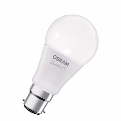 Osram SMART+ MATTER Multicolor Classic A60 nutipirn külgvaates, valge kolb ja B22d sokkel