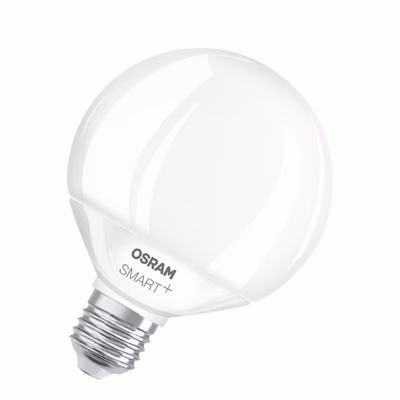Osram SMART+ MATTER Globe 95 nutipirn valge kolviga E27 sokliga viltu vaates