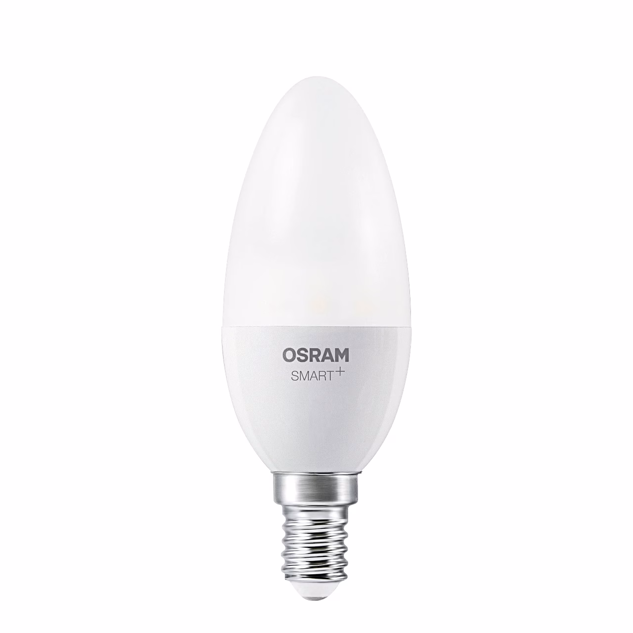 Küünlakujuline Osram SMART+ nutipirn otsevaates, matt valge kolb ja E14 metallsokkel