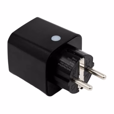 Nutipistik Shelly Plug M Gen3 must, külgvaade pistiku ja LED-nupuga