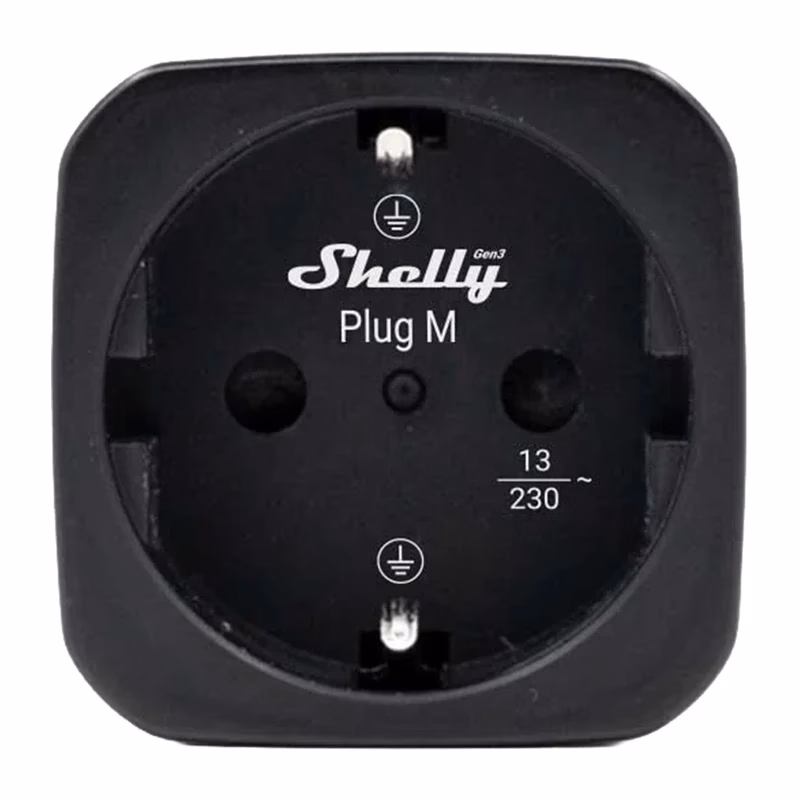 Nutipistiku Shelly Plug M Gen3 esikülg, maandusklemmidega pistikupesa ja märgistus 13 A, 230 V