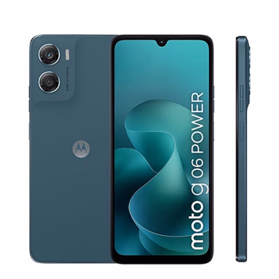 Sinine Motorola moto g06 power tagakülg, ekraan ja külgvaade kõrvuti