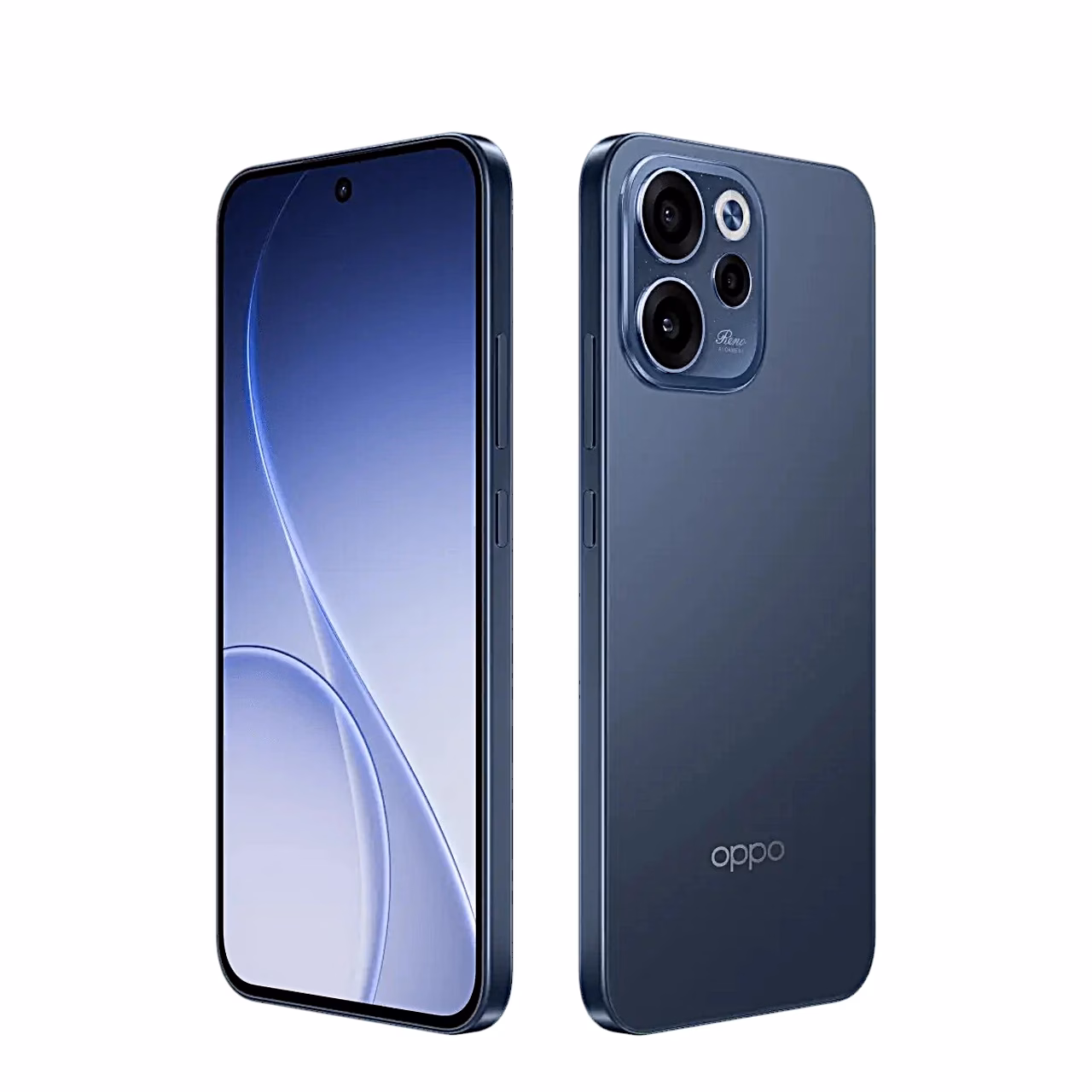 OPPO Reno15 FS 5G nutitelefoni ekraan ja tume tagapaneel nurga alt