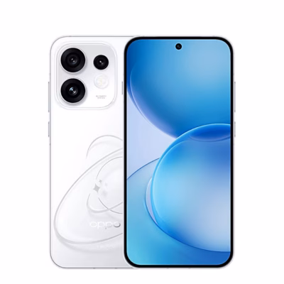 Valge nutitelefon OPPO Reno16 mustriga tagakaane ja kolme kaameraga ning ekraan