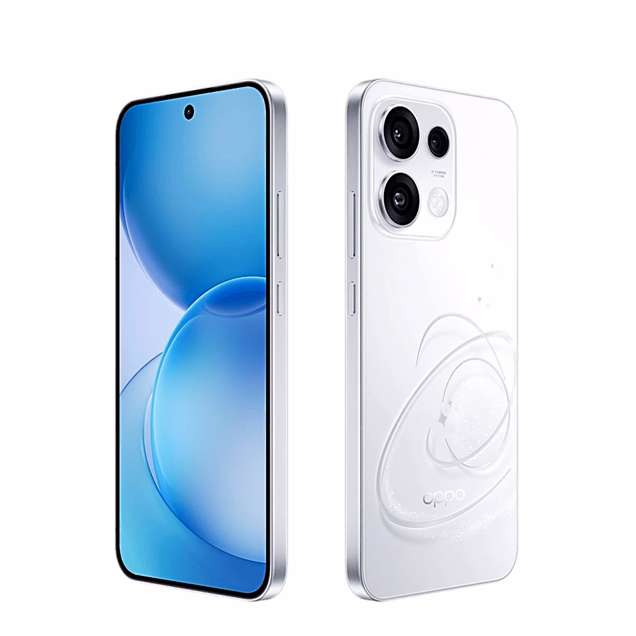 OPPO Reno16 FS 5G nutitelefoni ekraan ja valge tagakaas nurga alt
