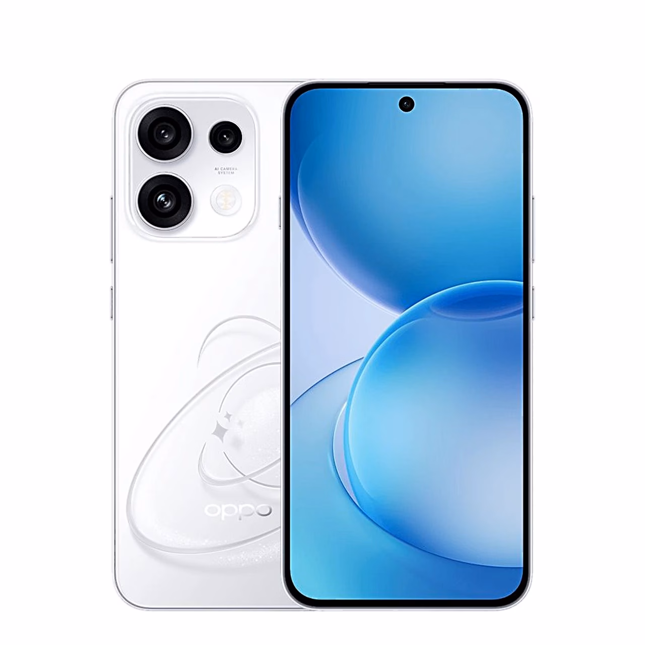 Valge nutitelefon OPPO Reno16 FS 5G eest ja tagant, kolm tagakaamerat