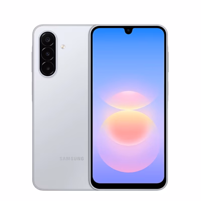 Hõbedane nutitelefon Samsung Galaxy A18 eest ja tagant koos kolme tagakaameraga