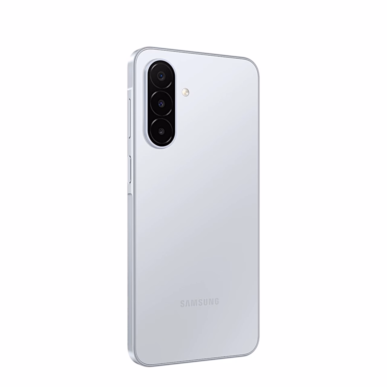 Hõbedane Galaxy A18 tagantpoolt vasakult nurga alt koos külgnuppudega