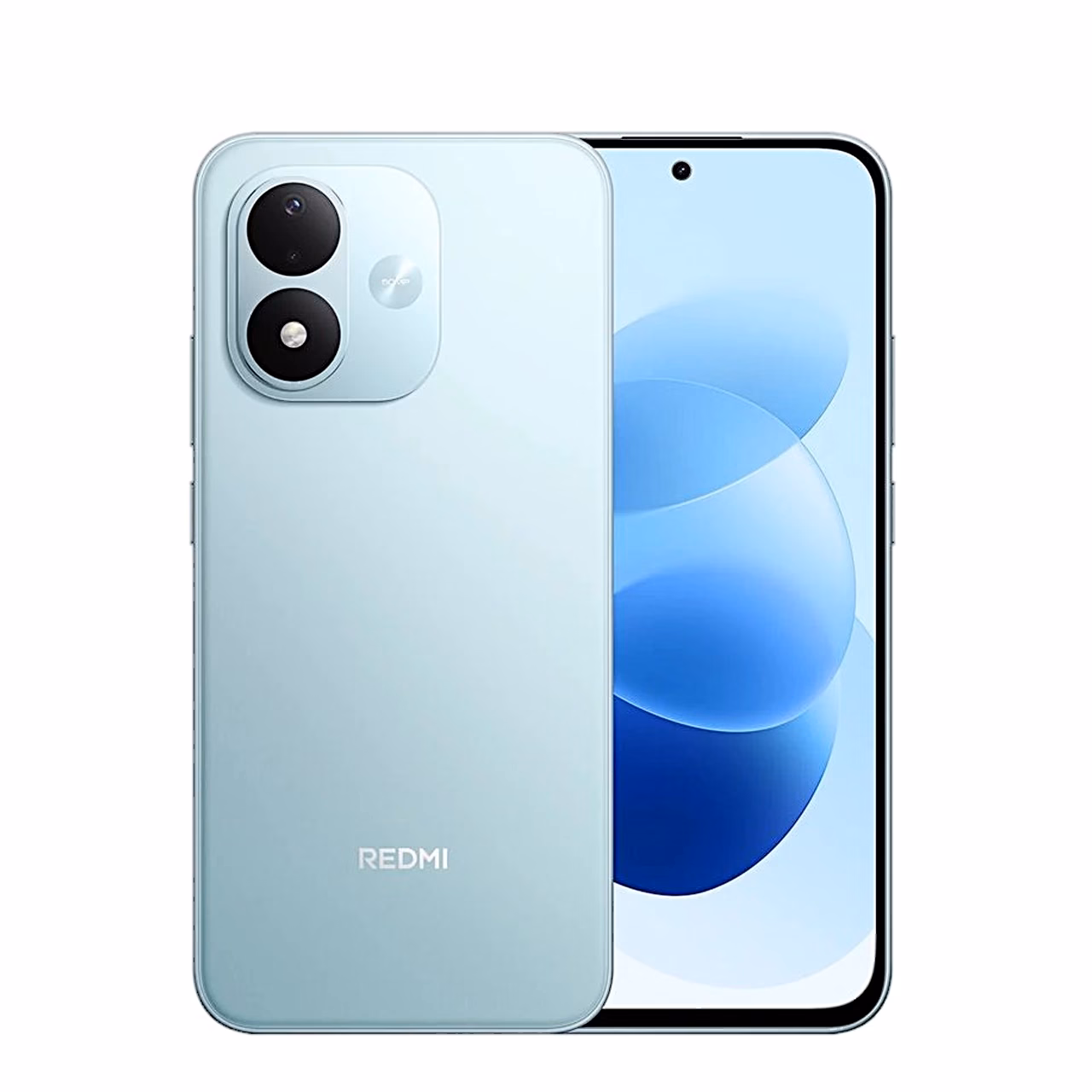 Redmi Note 17 nutitelefoni helesinine tagakülg ja ekraan nurga alt