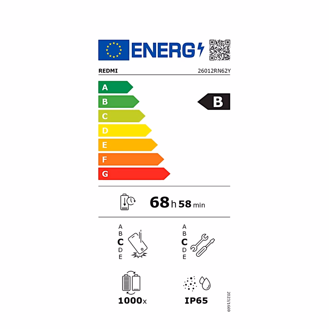 Energiamärgis: energiatõhususe klass B (skaala A–G), Xiaomi Redmi Note 17