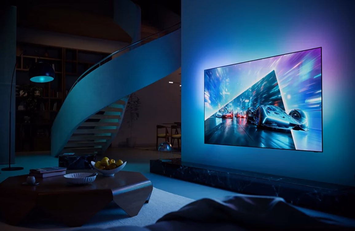 4K teler Philips 65OLED761/12 seinal, Ambilight valgustab tuba sinakalt