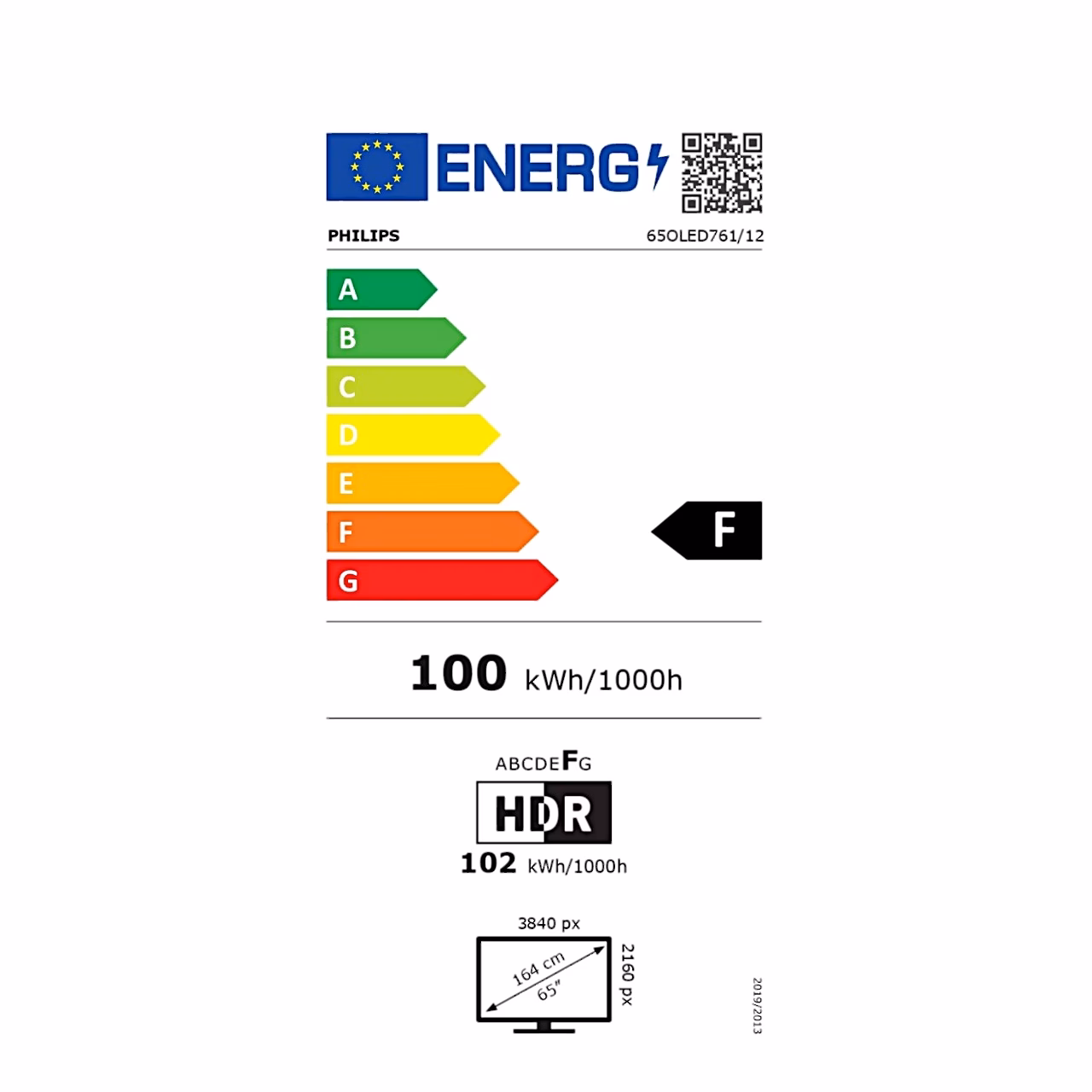Teleri Philips 65OLED761/12 energiamärgis, klass F ja HDR-klass F (skaala A–G)