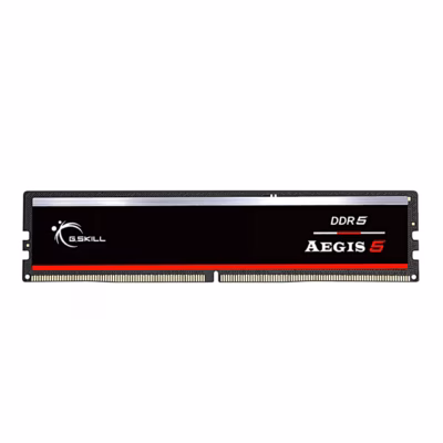 Must G.Skill Aegis 5 DDR5 operatiivmälu moodul punase triibuga eestvaates