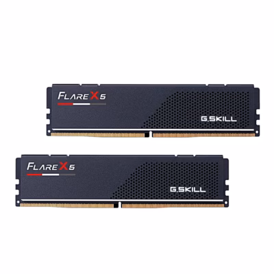 Kaks musta G.Skill Flare X5 DDR5 moodulit üksteise all eestvaates