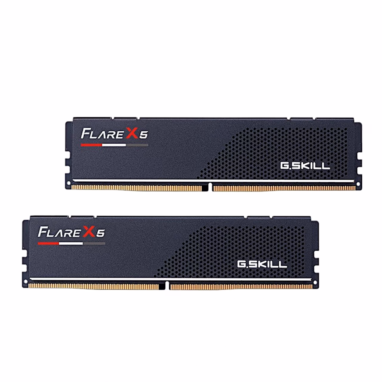 Kaks G.Skill Flare X5 DDR5 DIMM-moodulit mattmusta jahutusplaadiga eestvaates