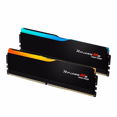 Kaks musta G.Skill Ripjaws M5 Neo RGB DDR5-moodulit kaldvaates põleva valgusega