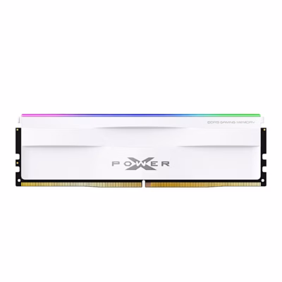 Silicon Power XPOWER Zenith RGB DDR5 valge moodul eestvaates, ülaservas põlev RGB-valgustus