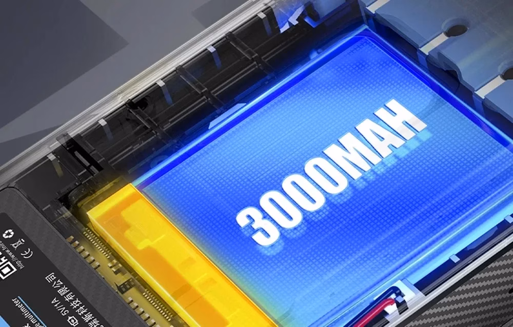 Ostsilloskoobi FNIRSI 2C23T sisemuse lõikevaade 3000 mAh akuga