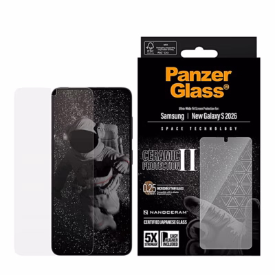 Kaitseklaas PanzerGlass Ceramic Samsung Galaxy S26 kõrval koos pakendiga