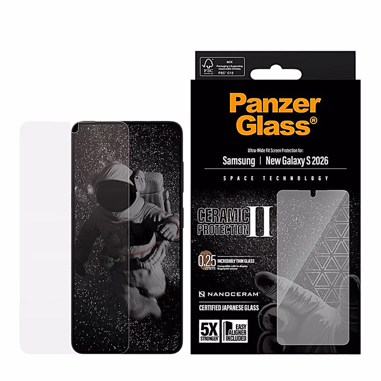 Kaitseklaas PanzerGlass Ceramic Samsung Galaxy S26 kõrval koos pakendiga