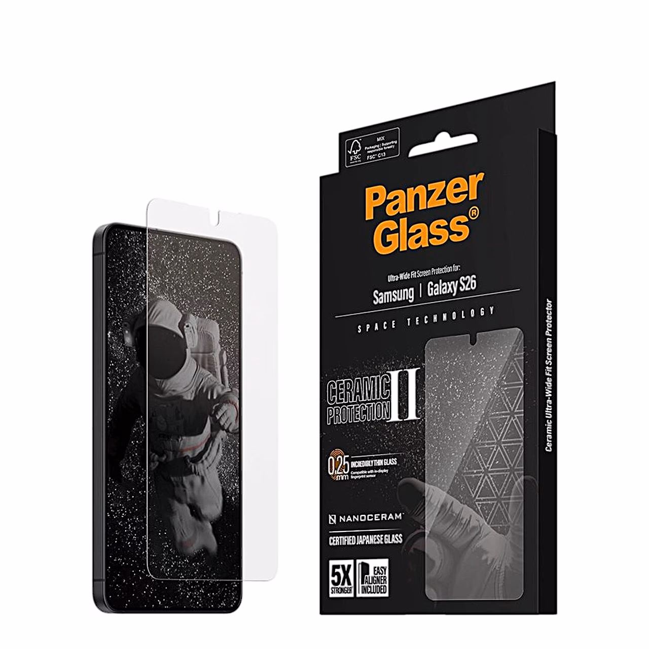 Galaxy S26 ekraanikaitse PanzerGlass Ceramic telefoni kohal ja pakend nurga alt
