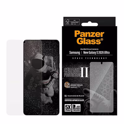Kaitseklaas PanzerGlass Ceramic Samsung Galaxy S26 Ultra kõrval koos pakendiga