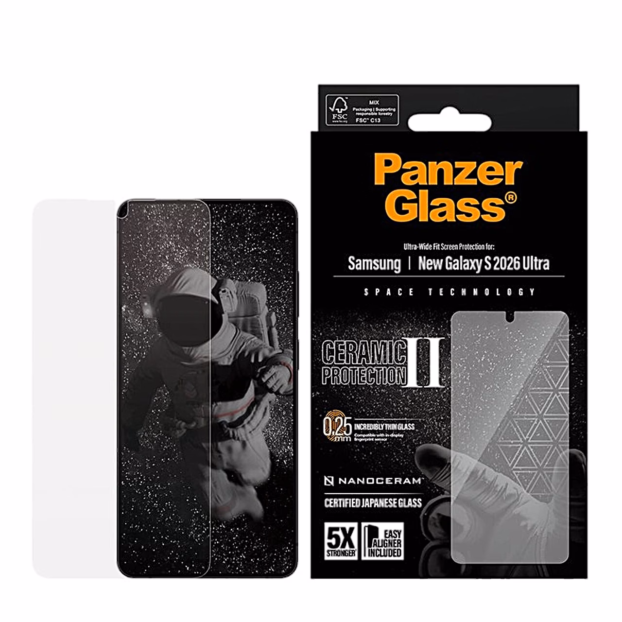 Kaitseklaas PanzerGlass Ceramic Samsung Galaxy S26 Ultra kõrval koos pakendiga