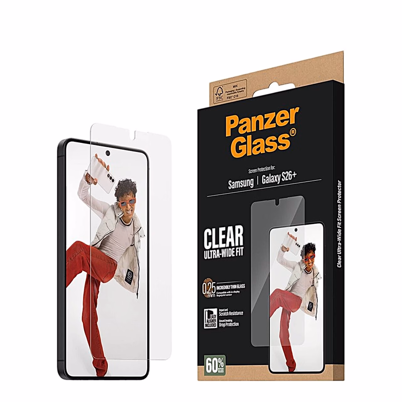 Galaxy S26+ kaitseklaasiga ja PanzerGlass Clear pakend külgvaates