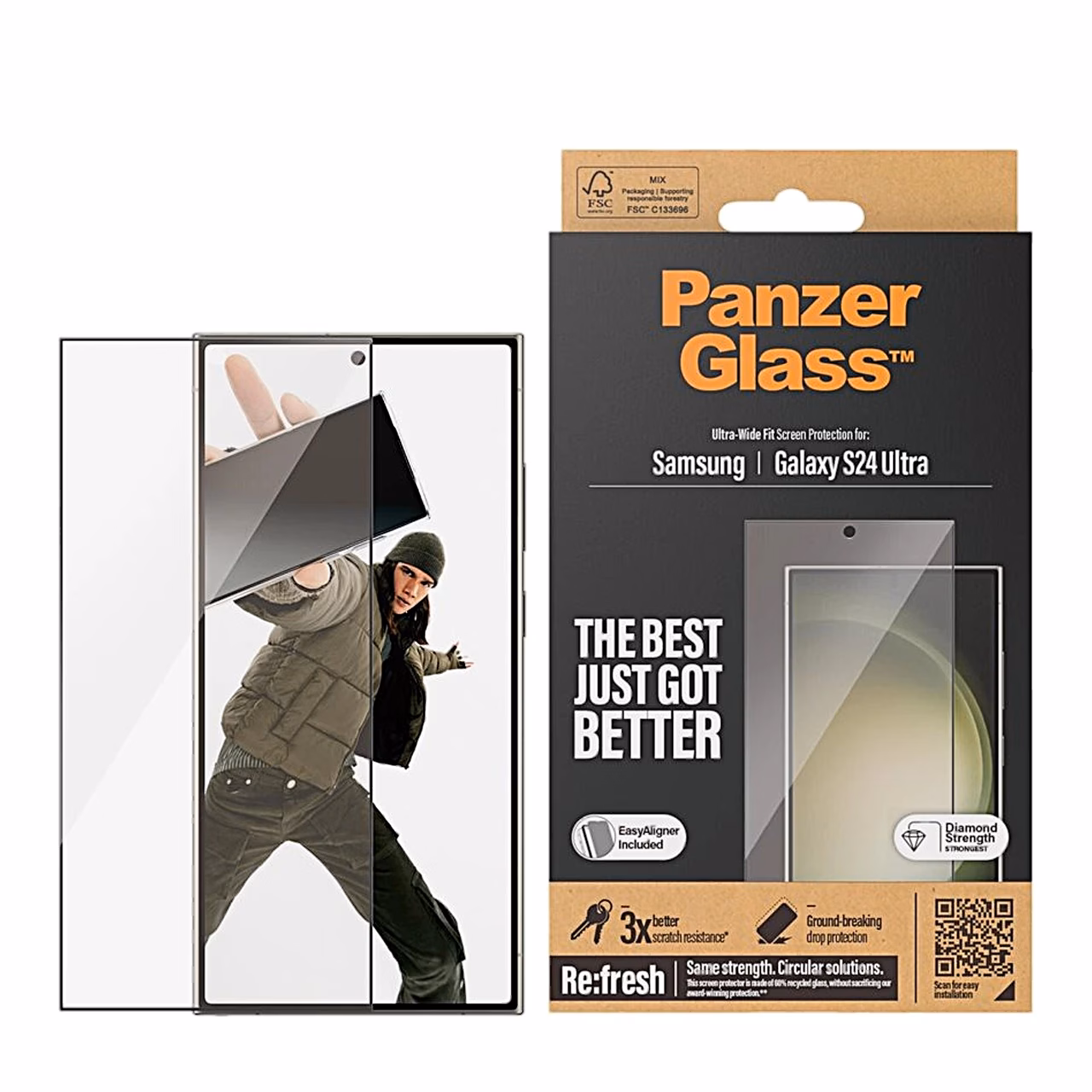 Galaxy S24 Ultra PanzerGlass klaasiga ja toote pakend