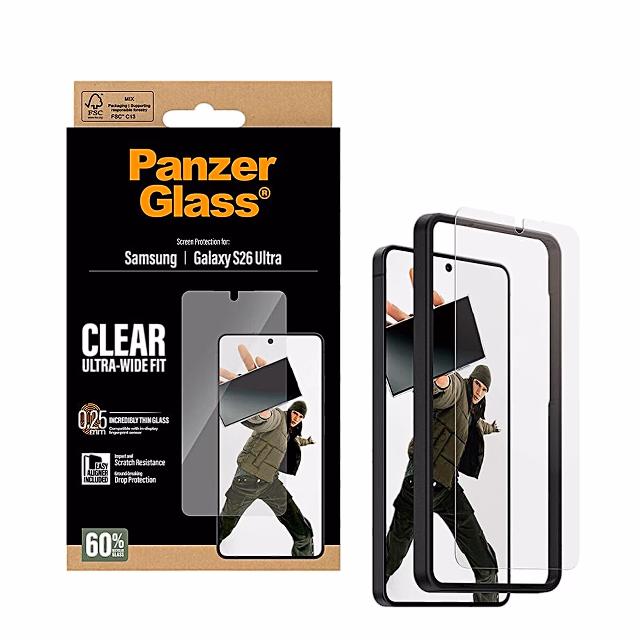 PanzerGlass Ultra-Wide Fit pakend ja EasyAligner-raam telefonil Galaxy S26 Ultra
