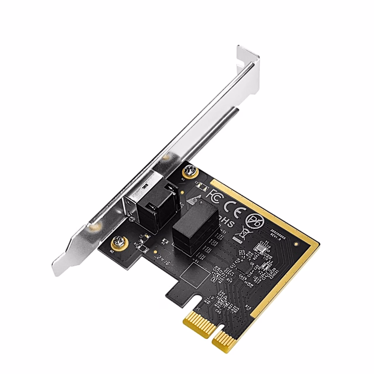 PCIe-võrgukaart Cudy PE10 täiskõrge kinnitusplaadi ja RJ45-pordiga ülalt vaadates