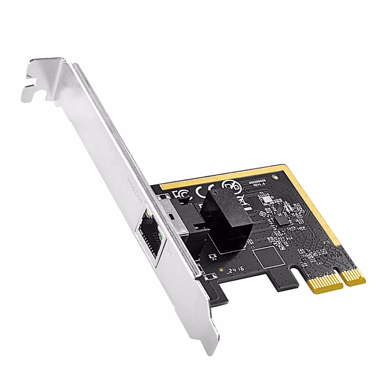 Cudy PE10 võrgukaart küljelt, nähtavad RJ45-port ja PCIe x1 kontaktid