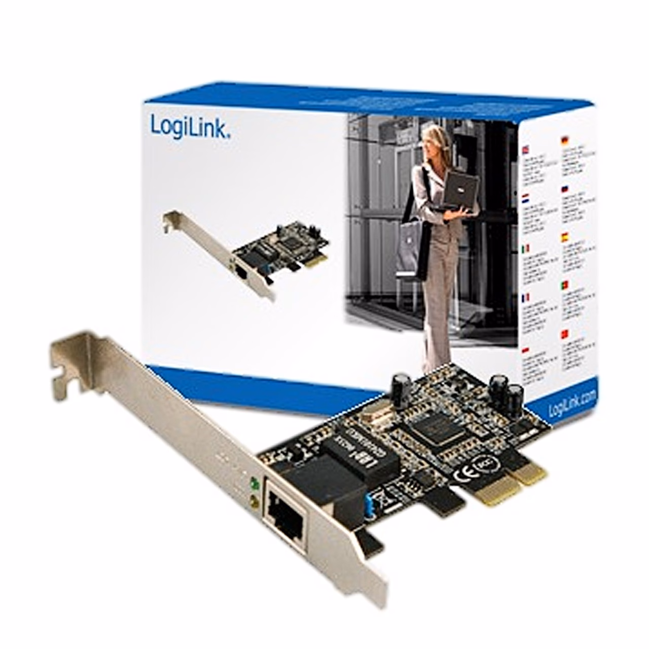 PCIe-võrgukaart LogiLink PC0029A täiskõrge kinnitusplaadiga müügikarbi ees
