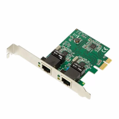 Roheline PCIe-võrgukaart LogiLink PC0075 kahe RJ45-pordi ja metallist kinnitusplaadiga