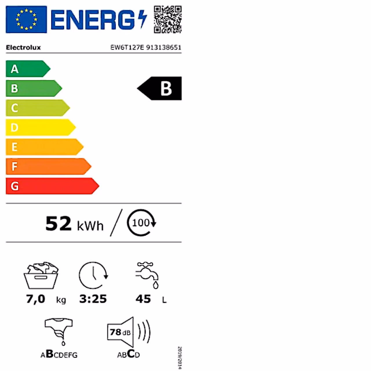 Electrolux EW6T127E energiamärgis: energiaklass B, 52 kWh 100 pesutsükli kohta