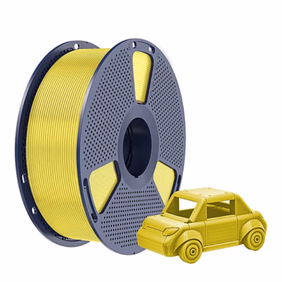 Kollane PETG-filament SUNLU halli rulliga ja prinditud mänguauto