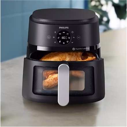 Philips NA231/00 köögi tööpinnal, avatud pannis kuldpruun kana
