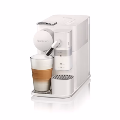 Valge kapselkohvimasin De'Longhi Lattissima One, klaasis latte macchiato tilgaalusel