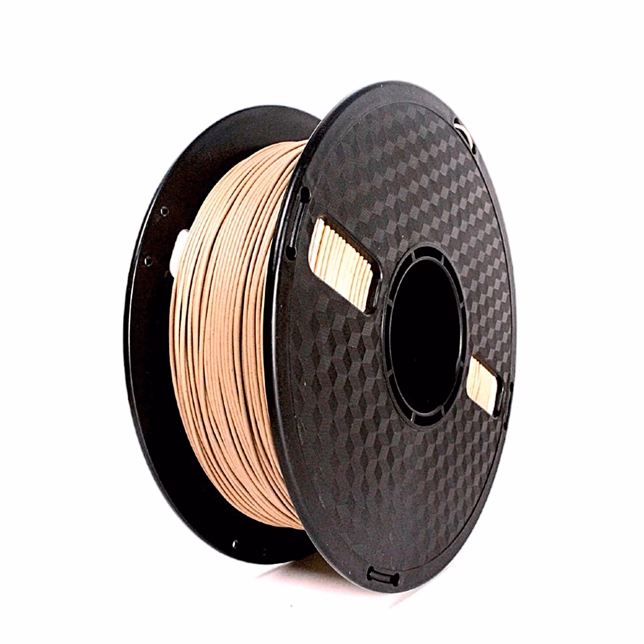 PLA-filament Flashforge PLA naturaalses puidutoonis musta rulli peal, eestvaade