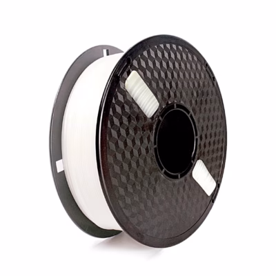 Valge PLA-filament Flashforge PLA Flexible musta plastrulli peal eestvaates